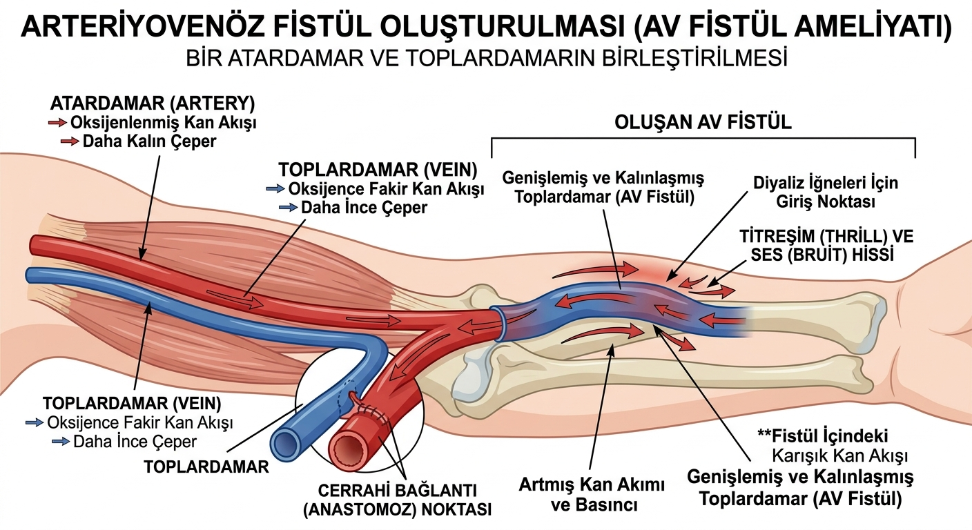 diyaliz fistülü cerrahi bir işlemle atardamar ve toplar damarın birleştirilmesidir.