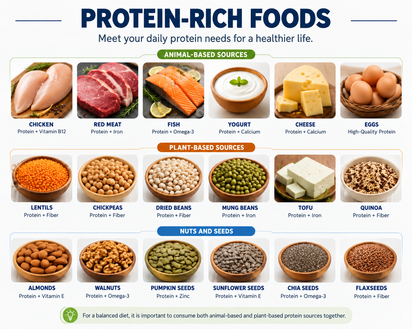 Animal and plant-based protein sources that can support a balanced and nutritious diet.