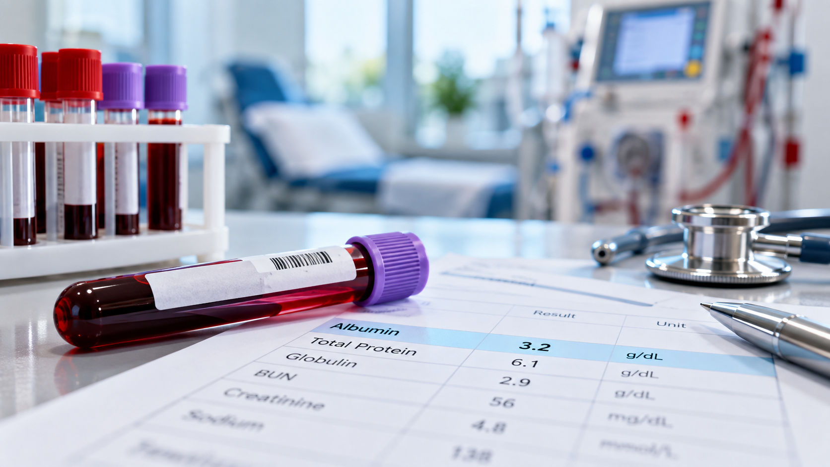 Blood tests and serum albumin results for monitoring low albumin levels in dialysis patients