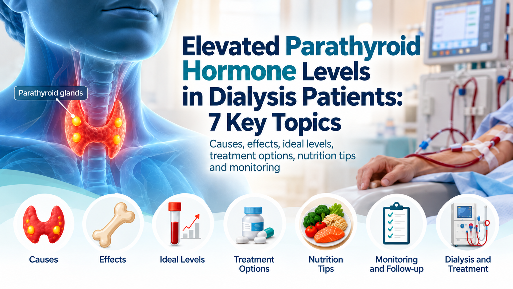 A medical illustration explaining elevated parathyroid hormone levels in dialysis patients, the parathyroid glands, bone health, and PTH treatment methods.