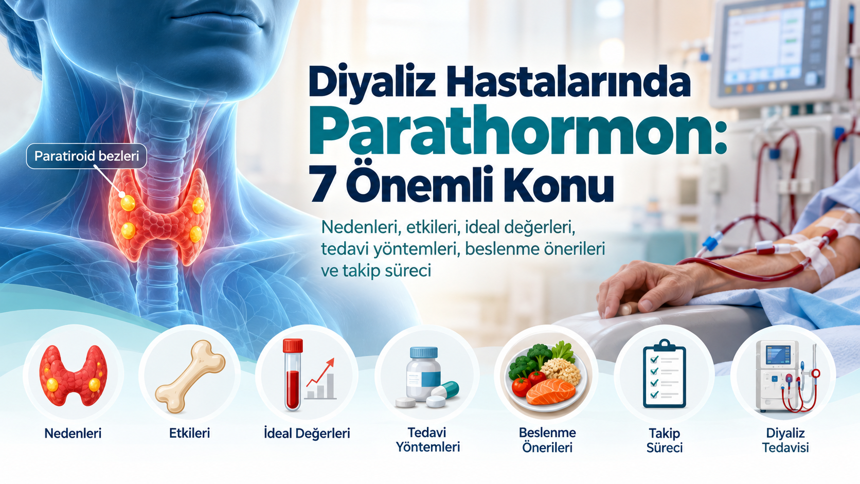 Diyaliz hastalarında parathormon yüksekliği, paratiroid bezleri, kemik sağlığı ve PTH tedavi yöntemlerini anlatan tıbbi görsel.