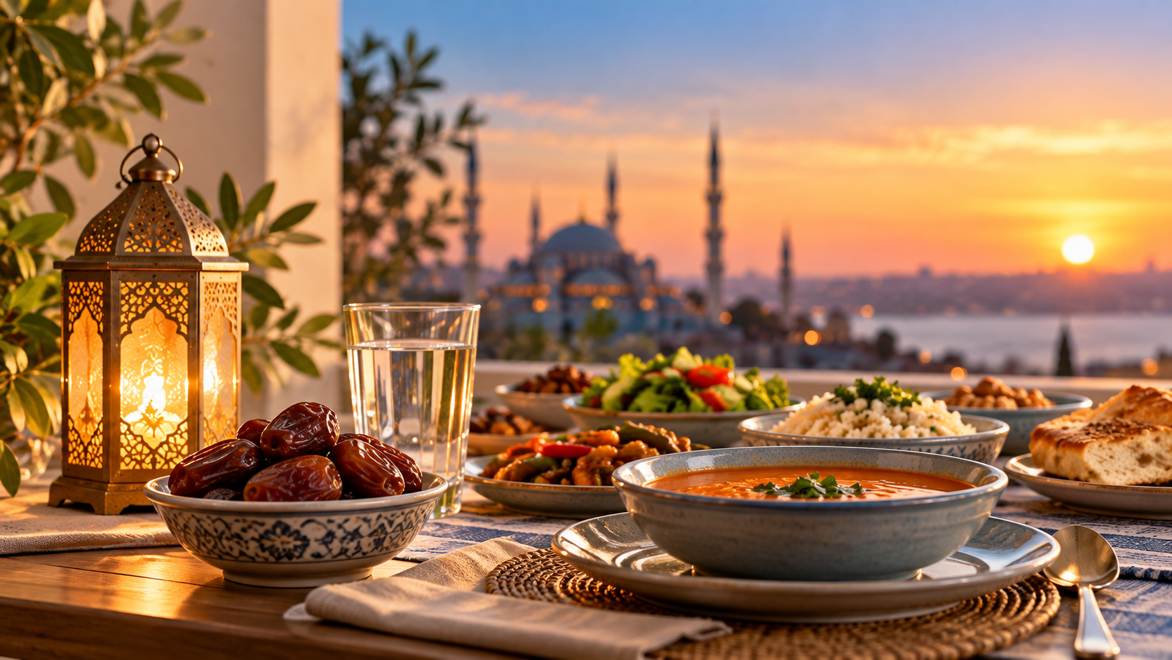 Diyaliz hastaları oruç tutabilir mi konulu makale için gün batımında hurma, su, yemekler ve Ramazan feneriyle hazırlanmış iftar sofrası.