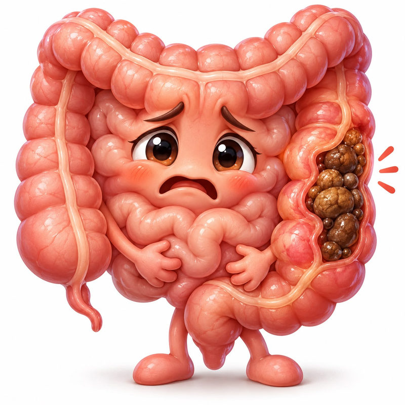 An illustration of the large intestine depicting the problem of constipation in dialysis patients, shown through the accumulation of hard stool in the bowel and a sad facial expression.